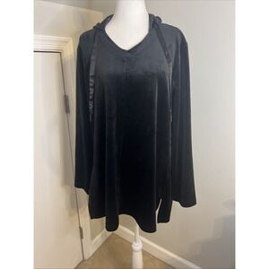 Chicos Zenergy Black Velvet Hoodie V-Neck Tunic Top Satin Trim Womens Size 2‎ L